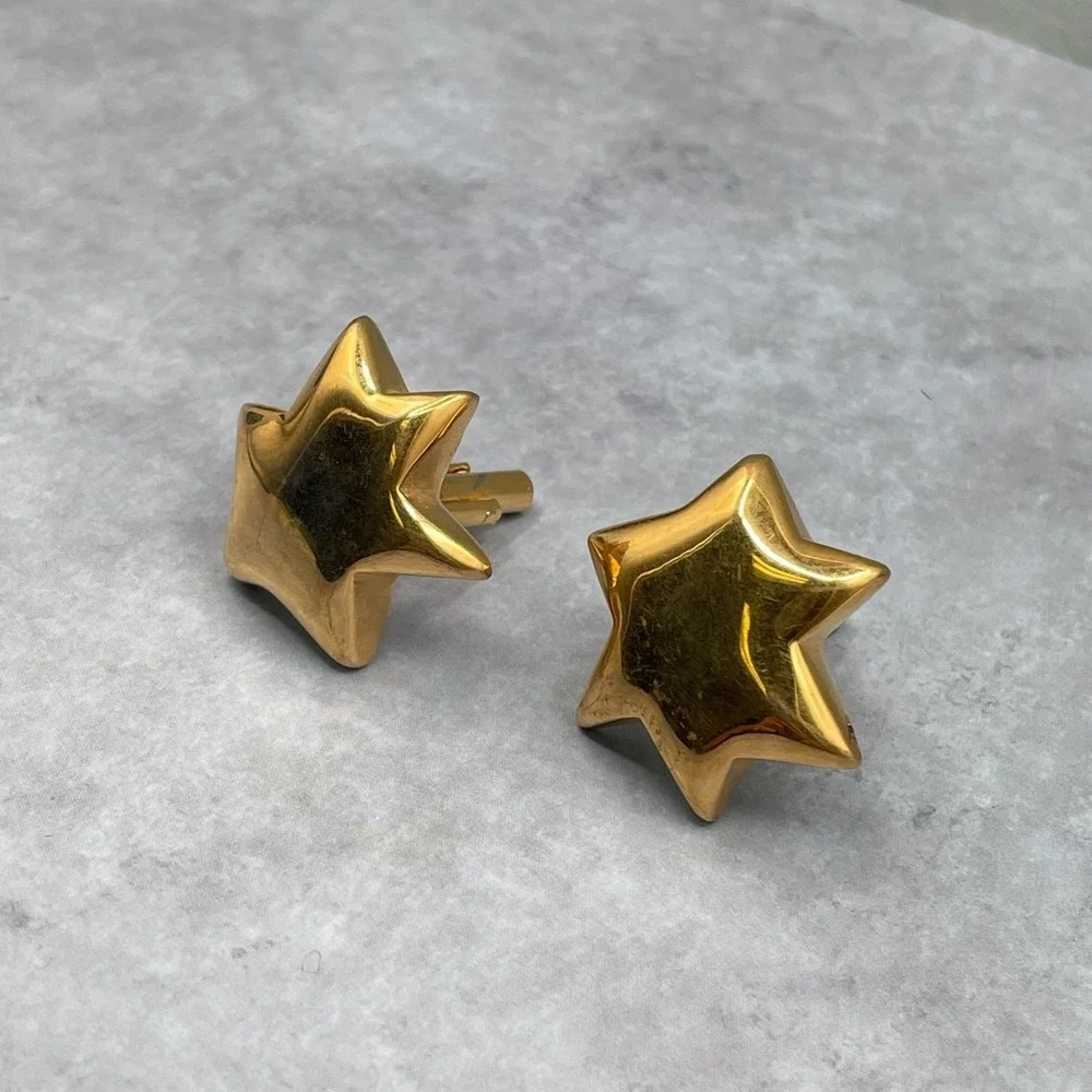Vintage Chunky Shiny Gold Tone Clip-Back Puffed Star Cuff Links